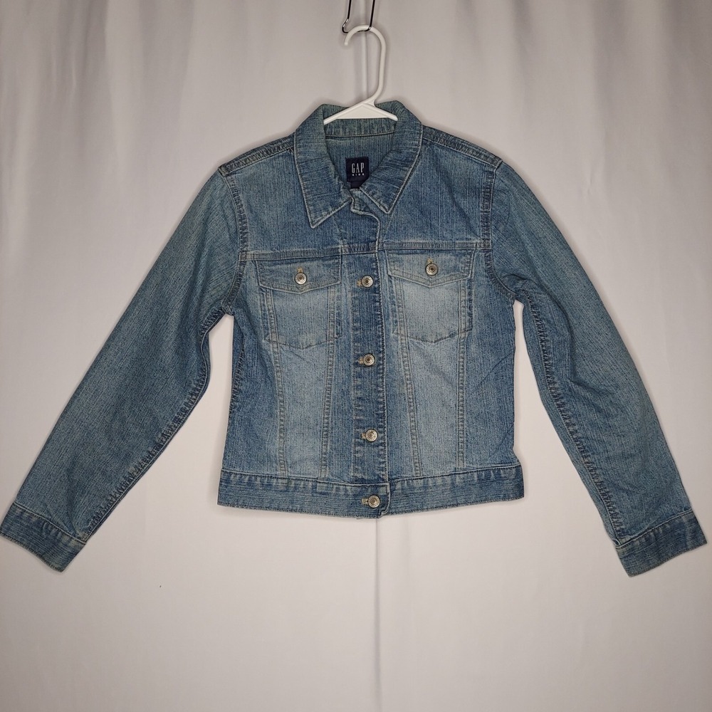 Gap Kids Jean Jacket Girls XXL Blue Button Collar Pocket Long Sleeve Stretch Y2K
